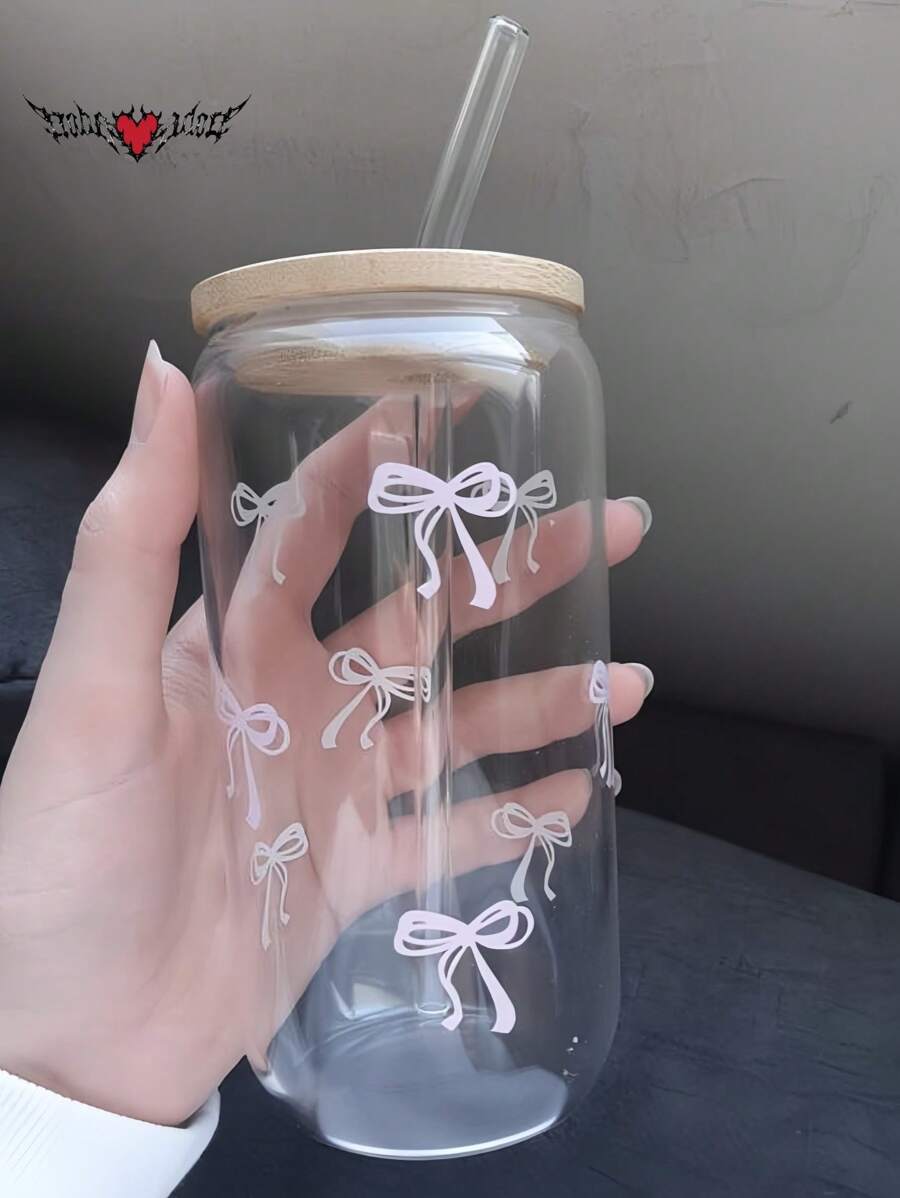 1 Set 16oz Transparent Coffee Mug With Bow Pattern, Includes Bamboo Lid & Straw, Large Capacity Outdoor Travel Portable Drink Juice Cup, Suitable For Summer And Winter, Birthday Party Holiday Gift, Christmas Present