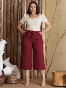 Women's Pantacourt Linen High Waist Trousers With Bow And Pockets - لون كستنائي - مشاهدة 3