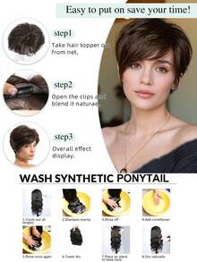 Natural Black Short Hair Topper With Bangs Relaxed Pixie Cut Clip In Hair Topper For Women With Thinning Hair Synthetic Hair Top Hairpieces