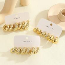 3 To 9 Pairs Fashion Simple Stylish Gold-Color CCB Material Multi-Texture Design Earring Set For Women, Versatile Accessory Suitable For Festivals, Gifts For Best Friends, All Season Wear