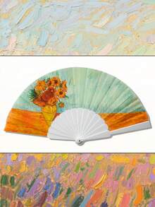 印有梵高、克里姆特名作的手持扇，采用精美面料制成，适合派对使用 - 星空 - 查看 7