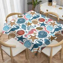 1 pieza Mantel con estampado de serie marina, moderno mantel rectangular/redondo de poliéster impermeable, estampado digital adecuado para sala de estar, comedor al aire libre, mesa redonda pequeña