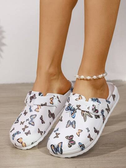 Women's Fashion Nurse Shoes, White Butterfly Print EVA Flat Slip-On Work Shoes, Laboratory Protective Closed-Toe Shoes, Non-Slip Wear-Resistant Sandals