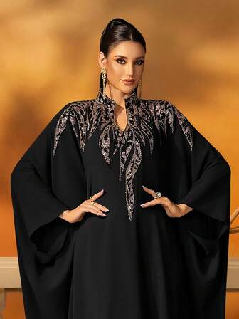 Oversized Black Embellished Feather Sequin Kaftan Dress For Women, Elegant Loose-Fit Jalabiya, Muslim Evening Abaya, Eid Outfit, Wedding Guest Gown, Dubai Style Farasha Dress,Party Kaftan,Modest Glam