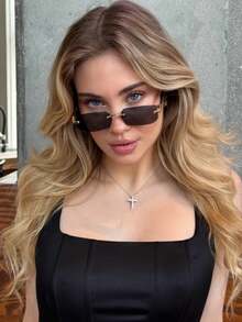 1 Pair Rectangular Frameless Fashion Glasses, , Retro Metallic Classic Decor, Suitable For Outdoor Travel, Beach Vacation, Elegant Matching For Women, Suitable For Family Outings, Travel, Vacation And Other Occasions - black gray - View 6