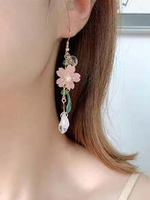 1 Pair Vintage Literary Resin Leaves Pink Cherry Blossom Long Earrings Sweet Fashion Personalized Party Vacation Ladies Earrings - 耳環 - 查看 2