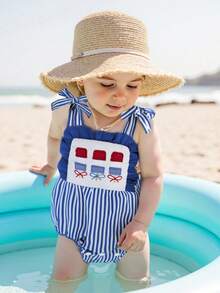 0-18 Months Baby Girl Independence Day Cami Romper Sleeveless Star Stripe Print Tie Shoulder Jumpsuit - 藍色 - 查看 4