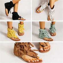 Local Shipping- For Women Casual Summer Bohemian Back Strappy Fringe Sandals Dressy Flip Flops Thong Sandals,Flat Tassel Gladiator Sandals - Green - View 4