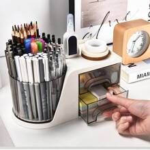 Organisateur de bureau rotatif avec 2 tiroirs, porte-crayon et porte-stylo pour bureau, organisateurs de bureau et accessoires avec 4 compartiments + tiroir pour fournitures de bureau et d'art (blanc)