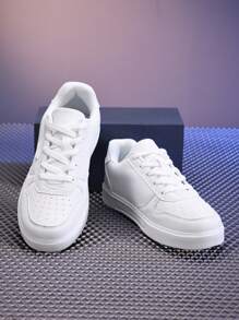 Unisex White Lace-Up Casual Sneakers, Minimalist Patchwork Design Skateboard Shoes, Versatile For Daily, Sports, Campus & Street Wear, Couple Style