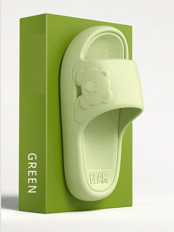 New Fashionable Versatile Women Green Side Bear Slippers With Thick EVA Sole, Comfortable House/Bathroom Soft Bottom Non-Slip Non-Smelly Quiet Slippers, Lightweight Outdoor/Street Casual Sandals