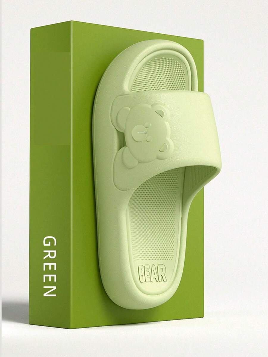 New Fashionable Versatile Women Green Side Bear Slippers With Thick EVA Sole, Comfortable House/Bathroom Soft Bottom Non-Slip Non-Smelly Quiet Slippers, Lightweight Outdoor/Street Casual Sandals