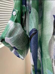 Women's Fashionable Ink Painting Print Shirt, Summer Mid-Length Style, Slimming & Artistic, Green Color Adjustable Sleeve Length Vacation Spring - Green - View 5