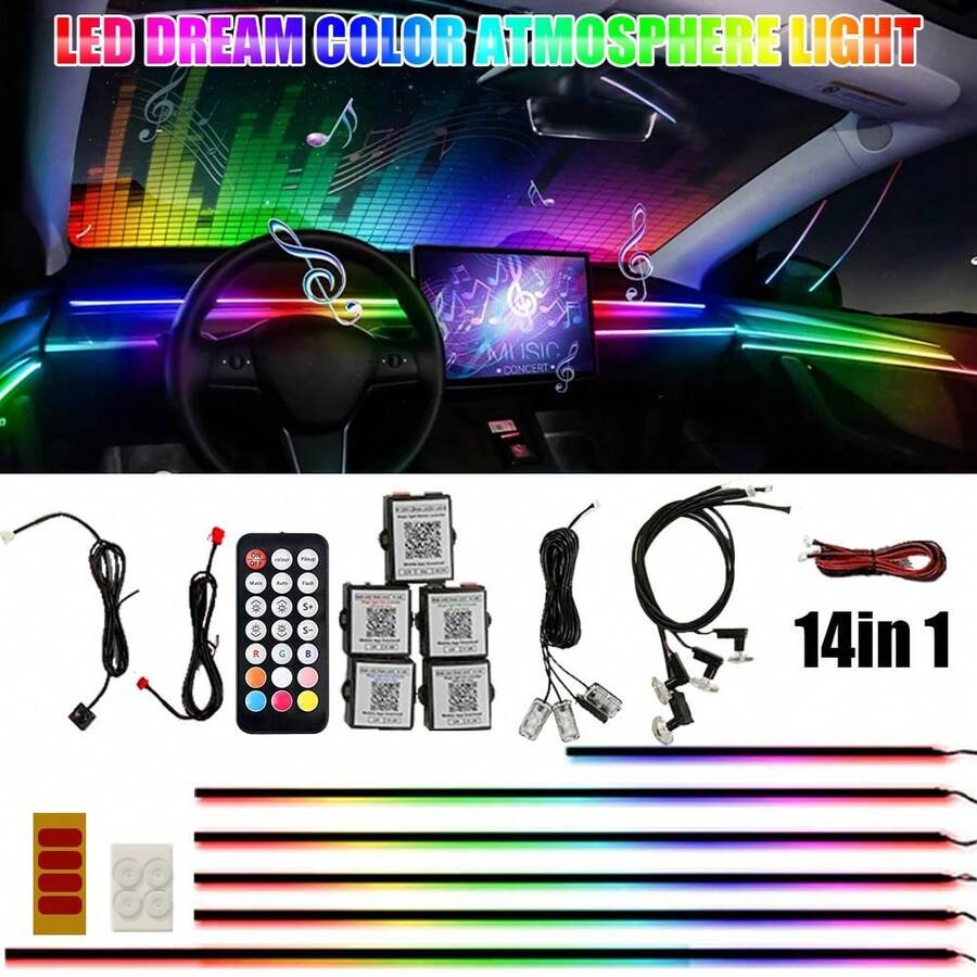 6/10/14/18/22 In 1 Car Interior Symphony RGB LED Ambient Light Stripes Atmosphere Lighting DIY Acrylic Guide Fiber Optic Light Music Sync APP/Remote Control - 14 In 1 Kit - View 1