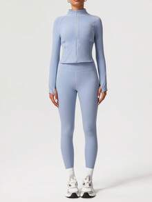Sodalemon 女式两件套拇指孔全拉链侧袋夹克无缝前缝瑜伽紧身裤训练运动健身健身房锻炼套装 - 淺藍色 - 查看 5