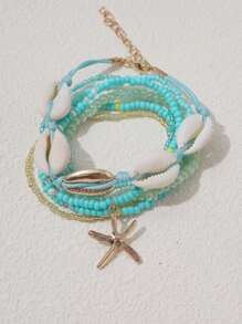 7 pièces/Set Bracelet style bohème avec coquillage et perle avec pendentif étoile de mer, Set de bracelets pour femmes (couleur de perle aléatoire)