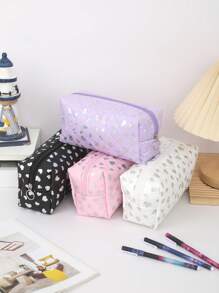 1pc Glossy Heart Pattern Pencil Case, Spacious Space Design Waterproof Material Stationery Storage Bag, Daily Necessities And School Supplies Storage Bag, Fashion School Supplies