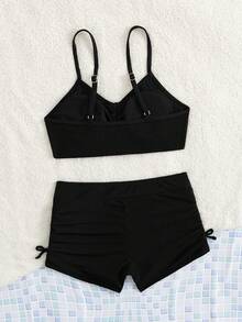 年轻女孩夏季纯黑色细肩带比基尼套装（含平角内裤） - 黑色 - 查看 2