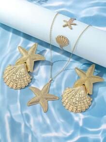4pcs Exaggerated Sexy Metal Starfish, Shell, Spiral Design Bracelet Necklace Earrings Jewelry Set, Perfect For Charming Ladies, Dancing, Festivals, Outfits, Swimwear, All Season