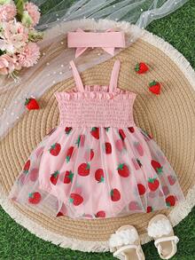 Baby Girls Cute Summer Outfit Set: Strawberry Print Strap With Mesh Strawberry Decor Bodysuit & Headband, Plus Outdoor Sport Wear - Pink - View 2