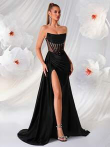 Women's Elegant Strapless, Diamond Hot Stamping, Hollowed Out High Waisted, Long Ribbon, Split Open, Backless Strap, And Floor Party Dress For Prom Birthday Party Evening Date Homecoming Party Wedding Guest Formal Dinner Family Festival - 黑色 - 查看 7