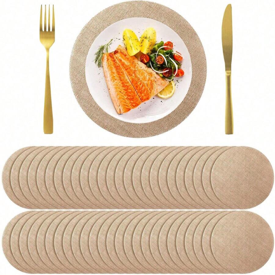 10Pcs Bohemian Round Linen Burlap Dining Table Table Placemat, Tea Cup Plates Mats For, Waterproof & Stain Resistant, Easy Clean, Reusable Coarse Linen Placemats, For Kitchen, Dining Table Decor, Suitable For Wedding, Christmas Dinner Holiday Parties, Birthdays, Countryside Outdoor Dining, All Seasons - Khaki - View 1