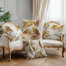 [2D Flachdruck] 4 Stücke goldene 3D Federn Blatt Bedruckte Kissenbezüge [Kissenfüllung nicht enthalten], 17.7*17.7in(45*45cm), [Einseitiger Muster] Moderne einfache Polyester Kissenbezüge für Sofa, Bett, Wohnzimmer, Schlafzimmer, Auto, Büro, Hotel Dekoration, Geeignet für alle Jahreszeiten, perfektes Geschenk für Familie und Freunde