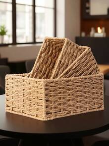 1pc/3pcs Desktop Storage Box, Handmade Rattan Woven Organizer Tray For Cosmetics, Keys, Snacks, Home Living Room, Bedroom, Study, Office, S/M/L Sizes Available,For Back To School - Khaki - View 2