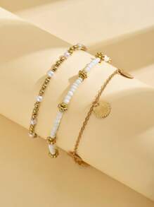 3pcs Stylish Bohemian Multilayer Beaded Sequin Anklet, Suitable For Women Beach Party Wear (Random Accessory Placement)