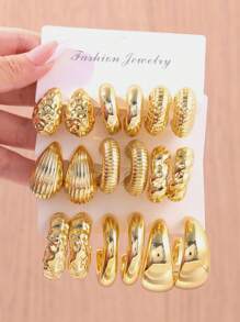 6-18pcs/Set High-End Gold-Color Chunky Twisted C-Shaped Teardrop Earrings Set, Suitable For Women Fashion Metal Geometric Round-Shaped Earrings, Personalized Exaggerated CCB Hoop Earrings Vintage Circle Earrings Set