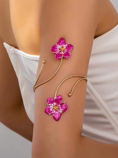 1 pieza Brazalete de flor de metal de aleación de estilo punk exagerado, de colores de esmalte multicolor, accesorio de moda y refrescante para el verano con diseño floral vibrante y duradero, adecuado para uso diario de mujeres, vacaciones, Día de la Madre, reuniones, playa, vacaciones (Los colores de esmalte floral pueden variar ligeramente debido al proceso artesanal, con posible sangrado, manchado o transferencia de color)