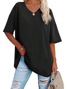 Ebifin Womens Oversized Tshirts V Neck Tee Shirts Half Sleeve Loose Fit T Shirt Cotton Tunic Tops 2025 - Black - View 1