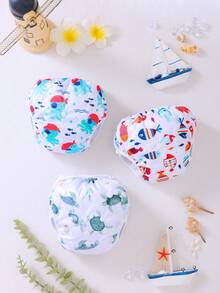 3pcs Random Prints Cloth Swim Diaper Reusable Swimming Diaper Pants Adjustable Swim Diaper For Swimming Lessons Baby Girls,Boys,Netural Color Swim Diaper(The Prints Cycle Will Be Reversed)