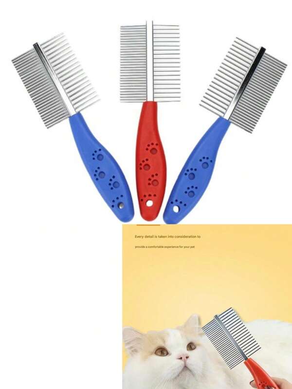 1pc Pet Comb Dog Grooming Comb Cat Needle Comb Hair Removal Comb Double Row Comb Pet Special Grooming Comb Pet Comb Row Comb Stainless Steel Single Flea Comb Pet Small Animal Supplies (The Plastic Handle May Occasionally Have A Little Scratch Due To Different Batches, Which Will Not Affect The Use And Application)