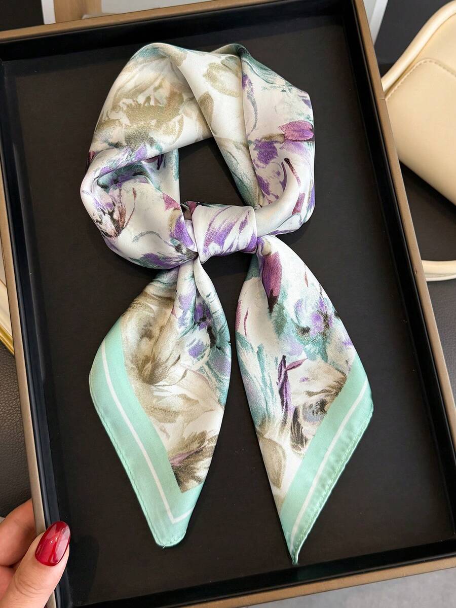 1条女士优雅复古印花薄缎面围巾，仿丝绸材质，波西米亚复古休闲风格，可作围巾或披肩使用，轻盈舒适，适合春夏日常穿着和搭配连衣裙。 - 彩色 - 查看 1