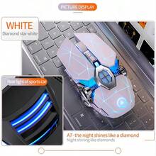 符合人體工學的RGB靜音遊戲滑鼠，LED背光，1600DPI可充電USB無線辦公機械滑鼠，適用於PC筆記型電腦玩家，通用型黑色 - 黑色 - 查看 5