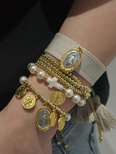 1 pulsera religiosa de San Benito hecha a mano con perla falsa, concha, cuentas de cobre, adecuada para uso diario de mujeres