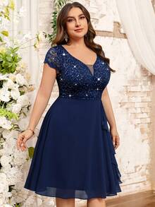 Vestido corto de gasa con cuello de pico profundo, encaje con lentejuelas, volante de contraste y bajo en línea A, ideal para fiestas, graduación, boda informal y cumpleaños - Azul Marino - Ver 7