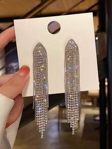 1 Pair Long Tassel Crystal Triangle Earrings, High-End Geometric Design Suitable For Women, Weddings, Banquets, Gifts Valentine's Day Accessories - Silver - View 1
