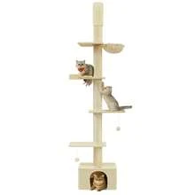 Kratzbaum deckenhoch, 231-291 cm höhenverstellbarer Katzenbaum, XXL, hoher mehrstufiger Katzenkratzbaum, 11 cm Dicke Stämme, Höhle, Liegemulde, Plattform,beige - Beige - Übersicht 3