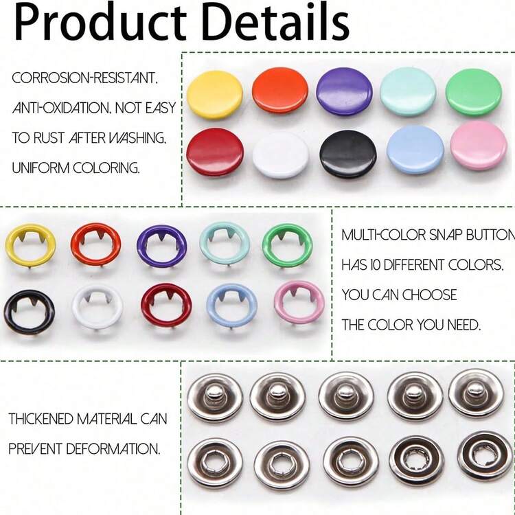 EDCUEBE7 800个彩色金属按扣套装。彩色空心和实心金属按扣，配塑料或铁制按扣钳工具。适用于缝纫和手工艺项目、裤子、围兜、帽子、鞋子、雨伞、服装纽扣制作、初学者安装教程（按扣颜色随机），适合节日礼物 - 彩色 - 查看 4