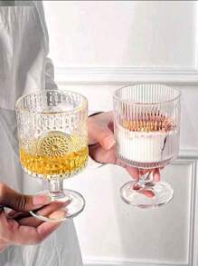 1 pieza Vaso alto de vidrio a rayas verticales, adecuado para zumo, helado, yogur, postres y bebidas, apropiado para reuniones de verano y salidas a comer, regalos del Día de la Madre, fiestas de graduación y escenas de boda