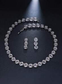 1 Set Luxury Crystal Wedding Bridal Jewelry Set, Including Necklace And Earrings, CZ Zirconia