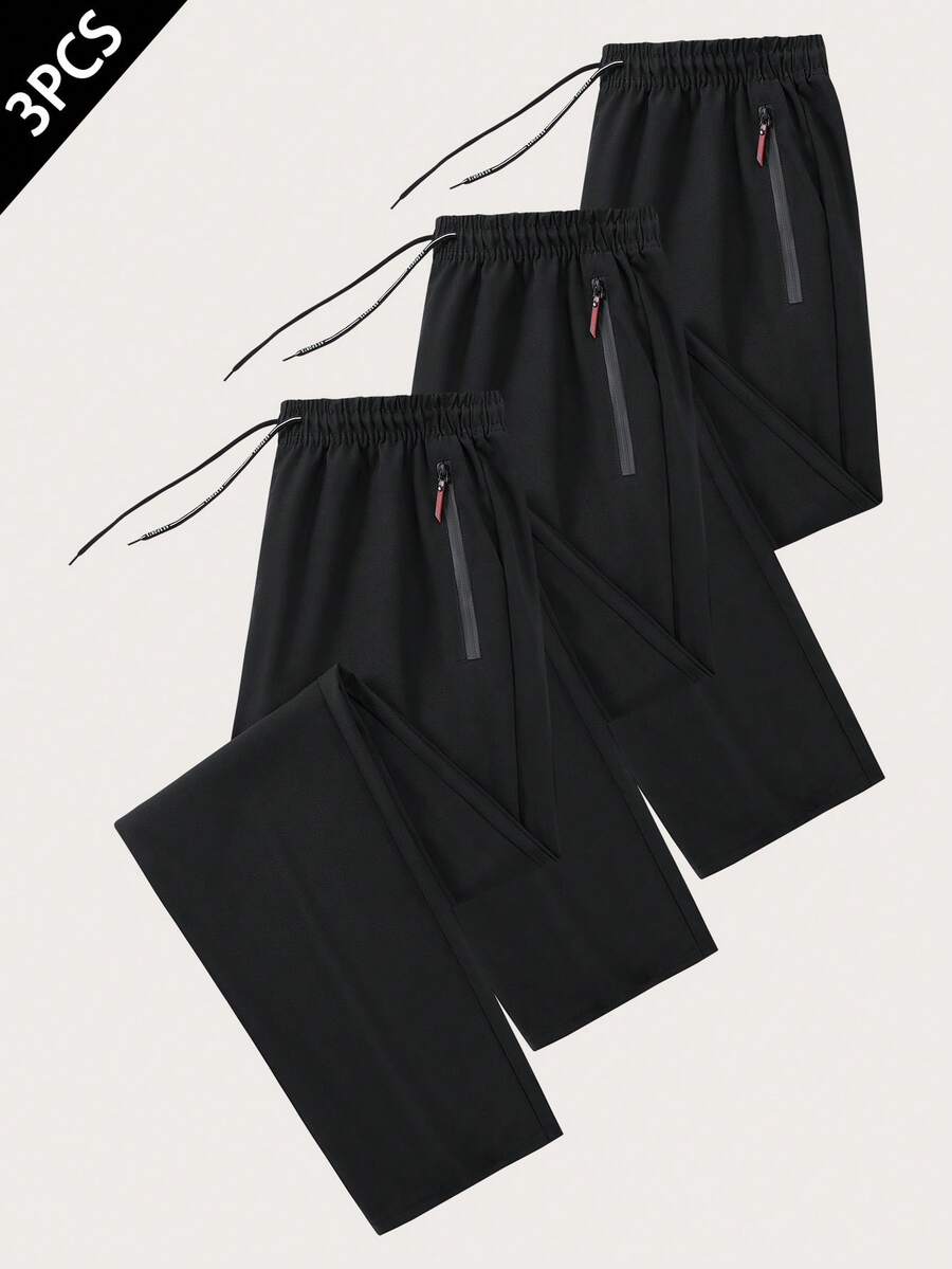 3 pièces Pantalon d'été léger et respirant pour hommes, séchage rapide, pantalon décontracté pour activités de plein air et port quotidien, coupe droite avec taille élastique, noir, printemps - Noir - Voir 1