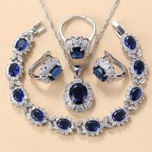 925 Prata Banhado Colorido Zircônia Cúbica Moda Festa Luxo Qualidade Casamento Noiva Elegante Conjuntos de Jóias Para Mulheres Colar Pingente Brincos Pulseira Anel Conjuntos de 5 Peças Presente