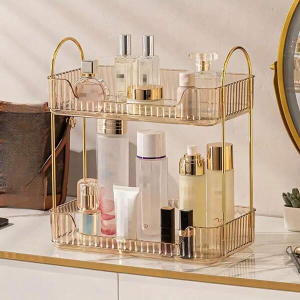 Scaffale portaoggetti da bagno a 3 ripiani, scaffale portaoggetti da banco per prodotti per la cura della pelle, scaffale portaoggetti da banco per cosmetici, scaffale portaoggetti per cosmetici e cura della pelle, scaffale portaprofumi - trasparente - strato in asta dorata, scaffale portaoggetti