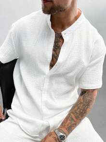 Old Money Style Men's Shirt White 100% Cotton Shirt Minimalist Stand Collar Short Sleeve Button Up Shirt Breathable Office Summer Wear Father's Day Gift - White - View 1