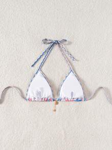 女士蓝色印花性感比基尼上衣