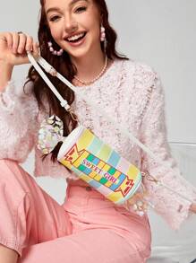 Bolsas e Bolsas Femininas Novidade Fofas em Formato de Doces Listrados, Bolsa Transversal para Meninas, Bolsa Clutch de Festa em Couro Sintético