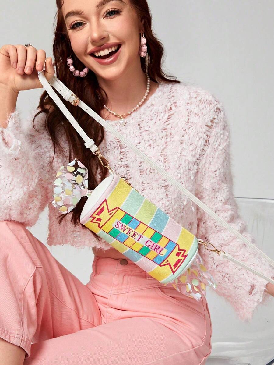 Bolsas e Bolsas Femininas Novidade Fofas em Formato de Doces Listrados, Bolsa Transversal para Meninas, Bolsa Clutch de Festa em Couro Sintético
